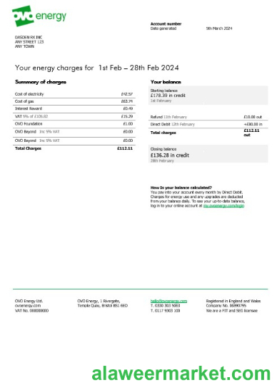 United Kingdom Ovo Energy electricity business utility bill, Word and PDF template